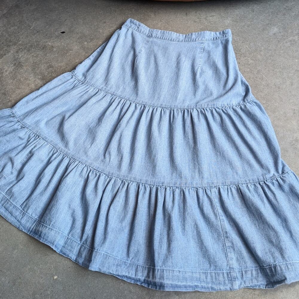 Y2K Denim Midi Skirt Size Large Tiered Boho Festival 90s Flowy Prairie Cottage